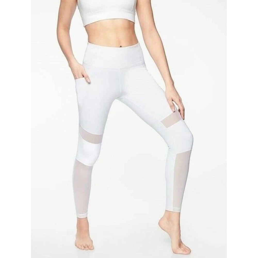 Athleta Meshblock Pocket Pura Tight Size M White Sheer Leg Pieces Yoga Active